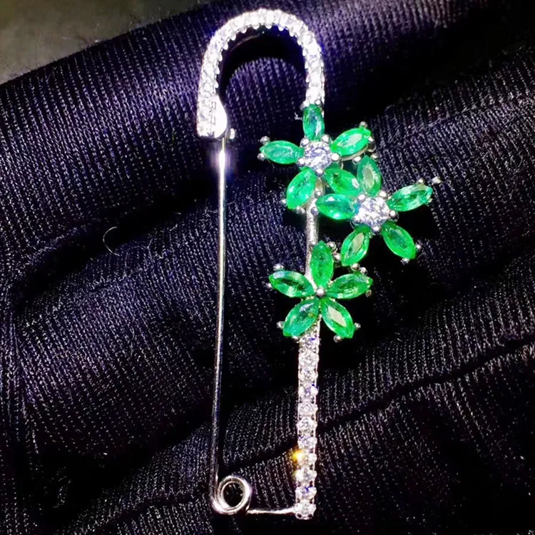 Emerald brooch Free shipping Natural real emerald 925 sterling silver