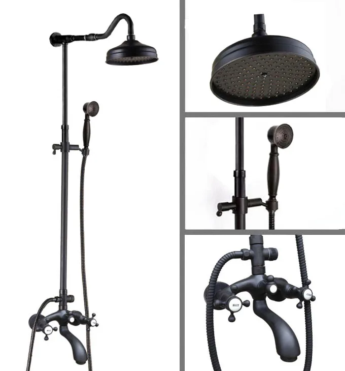 

Black Oil Rubbed Brass Dual Cross Handles Bathroom 8 Inch Round Rain Shower Faucet Set Bath Tub Mixer Tap Hand Shower mhg613