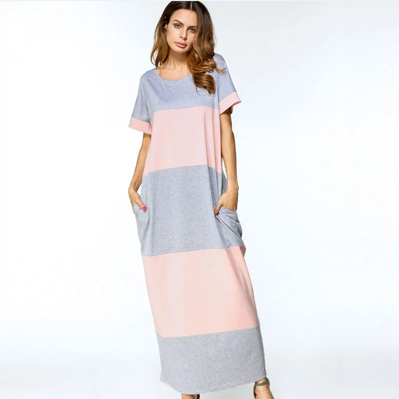 

Cotton Ladies Color Block Casual Long Dress New Summer Style Loose Patchwork O Neck Short Sleeve Fiesta de Vestido VKDR2003