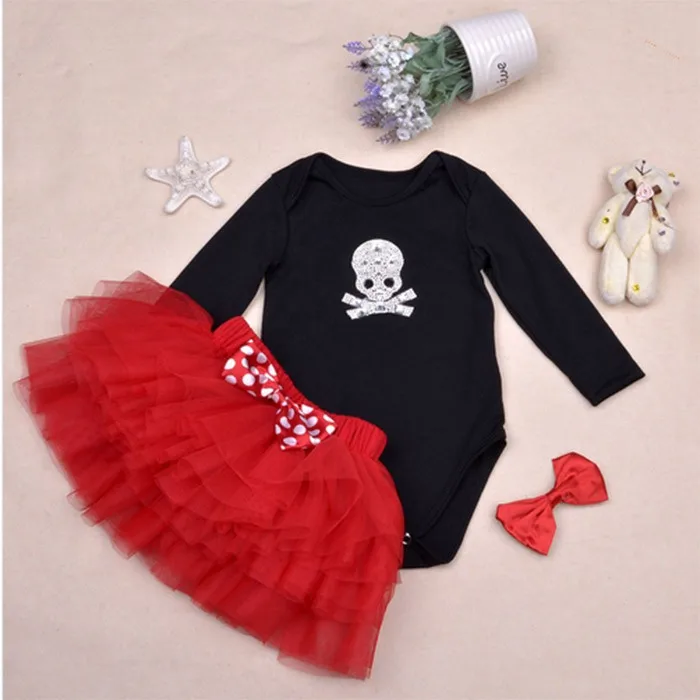 Baby Ruffle Skirts Set Lovely Cat print Girls Saia Tutu Pettiskirt Party Dance Skirt Sets Crossbones Bodysuit and Headband