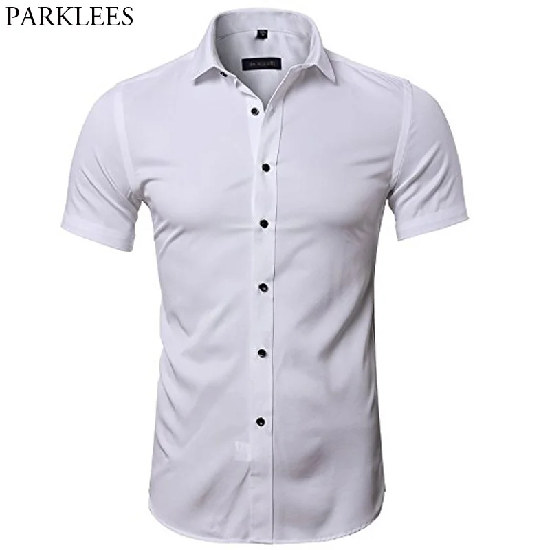 Men's Elastic Bamboo Fiber Dress Shirts 2018 Summer New Short Sleeve Shirt Men Casual Brand Business Work Shirt Camisa Masculina