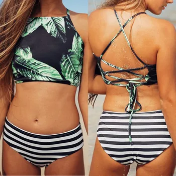 

2019 Sexy Women High Waist Swimsuits Swim Wear Bathing Suit African Print Biquini Large Two Piece Neck Swimwear L328A