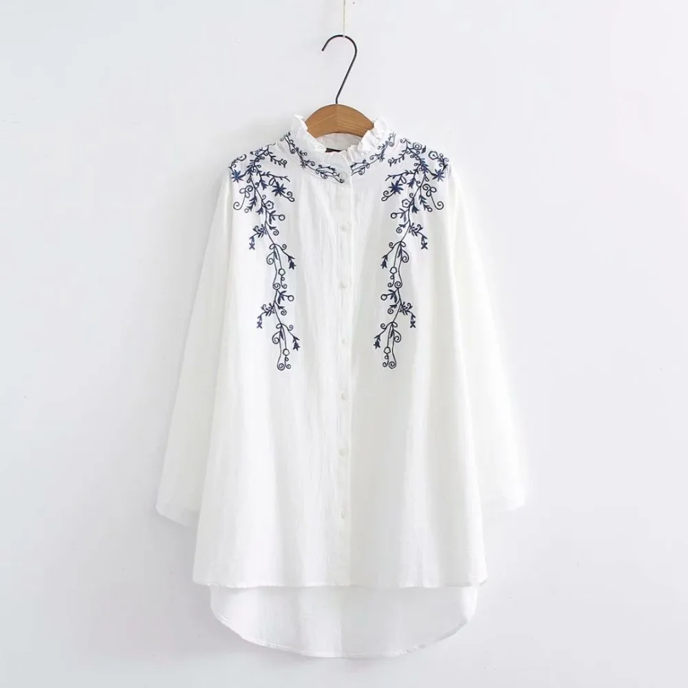 Plus size ruffled collar long sleeve blouses women 2018 Embroidered white & dark blue & yellow shirt Spring & autumn ladies tops Plus size ruffled collar long sleeve blouses women 2018 Embroidered white & dark blue & yellow shirt Spring & autumn ladies tops