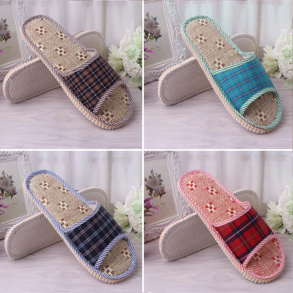 

One Size Summer Spring Linen Flax Plaid House Flat Slipper Indoor Home Cozy Open Toe Scuffs Slip-on Flat Slipper Women Men