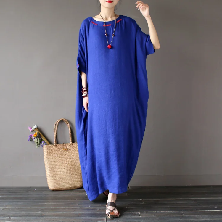 Women Autumn manual Embroider Vintage linen Robe dress Solid color 2016