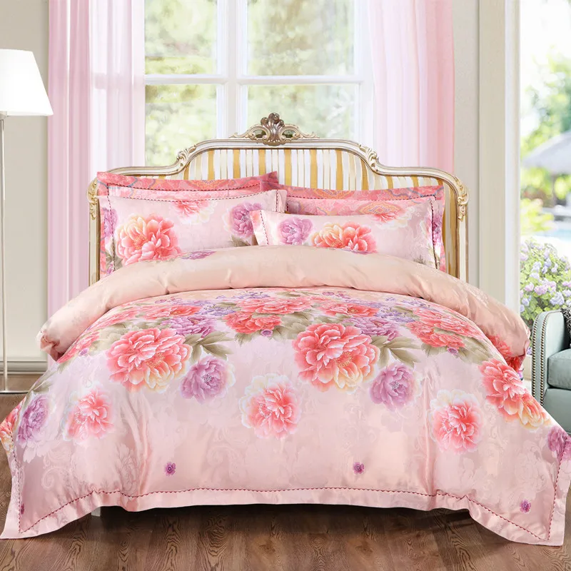 buy YeeKin 100% Cotton Satin Jacquard Floral Girls Bedding King Queen Jacquard Satin Flowers Sea Princess Wedding Duvet Cover Queen
