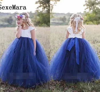 

Princess White Navy Blue Flower Girls Dresses Bateau Neck Puffy Organza Ball Gown Girls Pageant Gown Birthday Party Dress