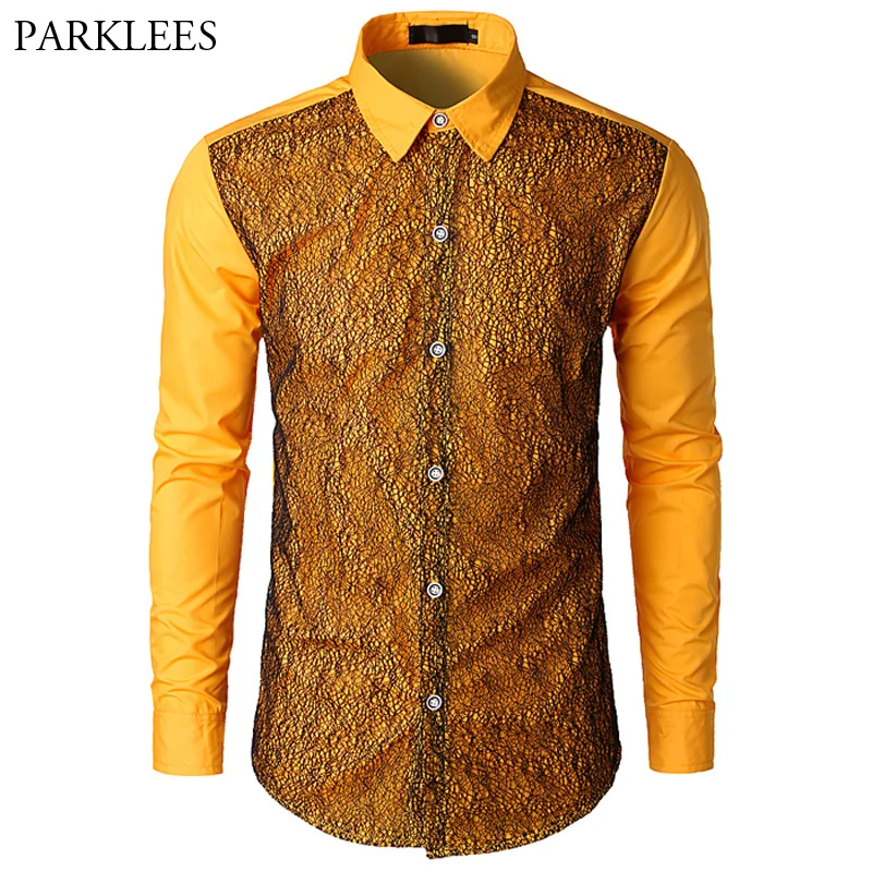 

Net Yarn Patchwork Shirt Men 2018 Slim Fit Chemise Homme Mens Dress Shirt Casual Social Long sleeve Party Camisa Masculina XL