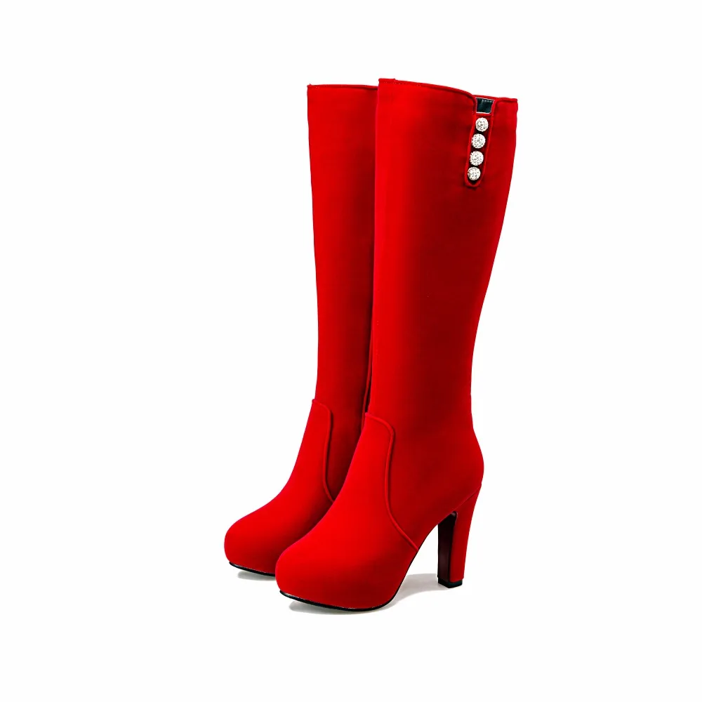 Женские зимние сапоги из флока на толстом высоком каблуке с плюшевой подкладкой; повседневные модные красивые сапоги до колена; большие размеры 43; 161117 - Цвет: Красный