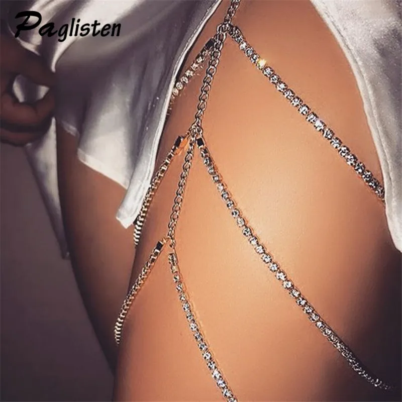 

Rhinestones Leg Thigh Chain Shiny Women Sexy Body Chain Leg Thigh Harness Jewelry Beach Multi Layers Gold Color Chains ZA61