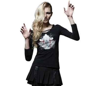 

Steam Punk Women's T-Shirts With Bleeding Cat Black Top Tees Rivets Hole V-neck T-shirts