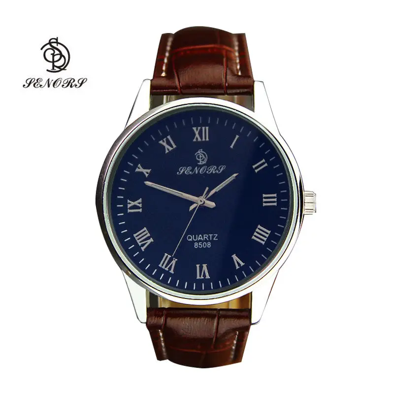 Senors Новая мода Для мужчин кварцевые наручные часы мужской коричневого кожаным ремешком блики синий Стекло часы Montre Homme Cuir маррон Hombre reloj