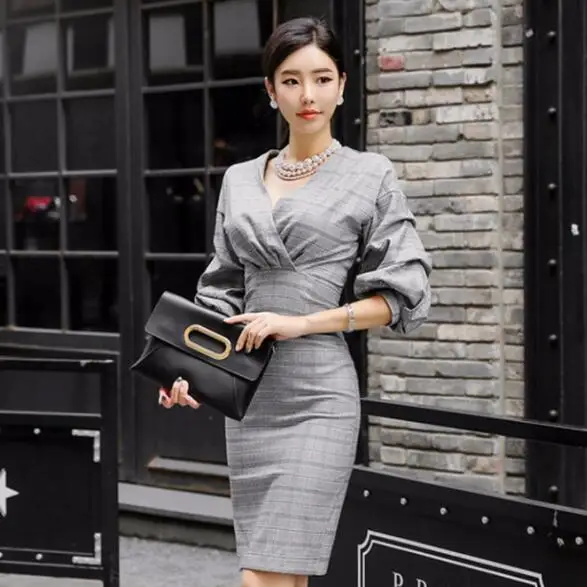 

Puff Sleeve Cross V-Neck Wrap Plaid Grey Dress Women vestidos largos Formal Clothing ropa mujer Bodycon Pencil Dress DV68