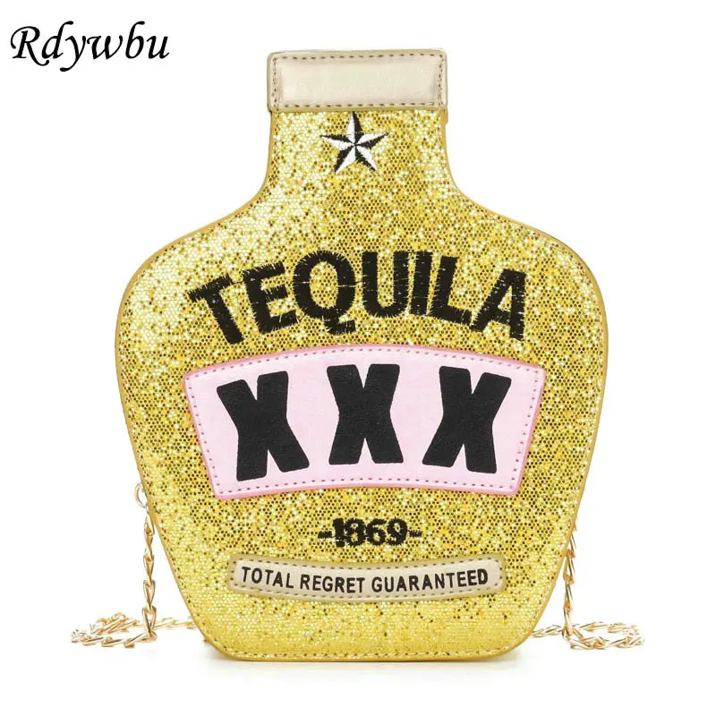 

Rdywbu Glitter Sequins Chain Shoulder Bag Girls Small Embroidery Letters Star Handbag Bottle Shape PU Crossbody Travel Bag B371
