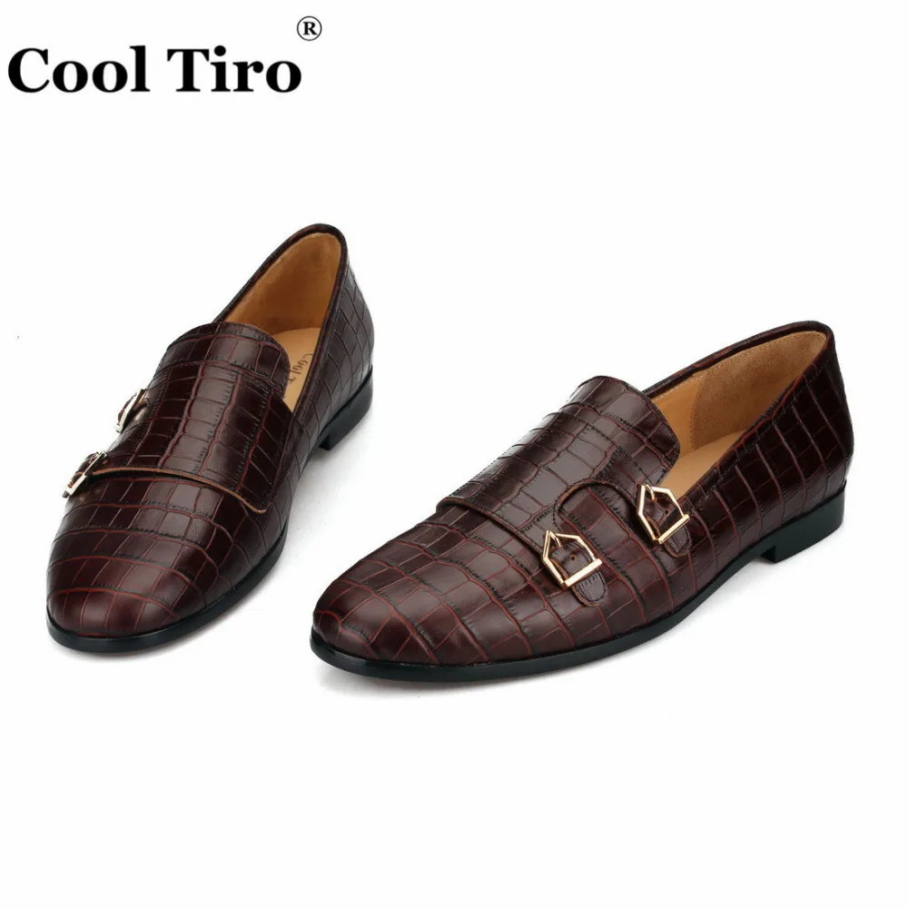 Cool Tiro/коричневый двойной Monk Loafers Для мужчин тапочки мокасины крокодиловый принт Повседневная обувь Свадебная вечеринка Туфли под платье человек Туфли без каблуков