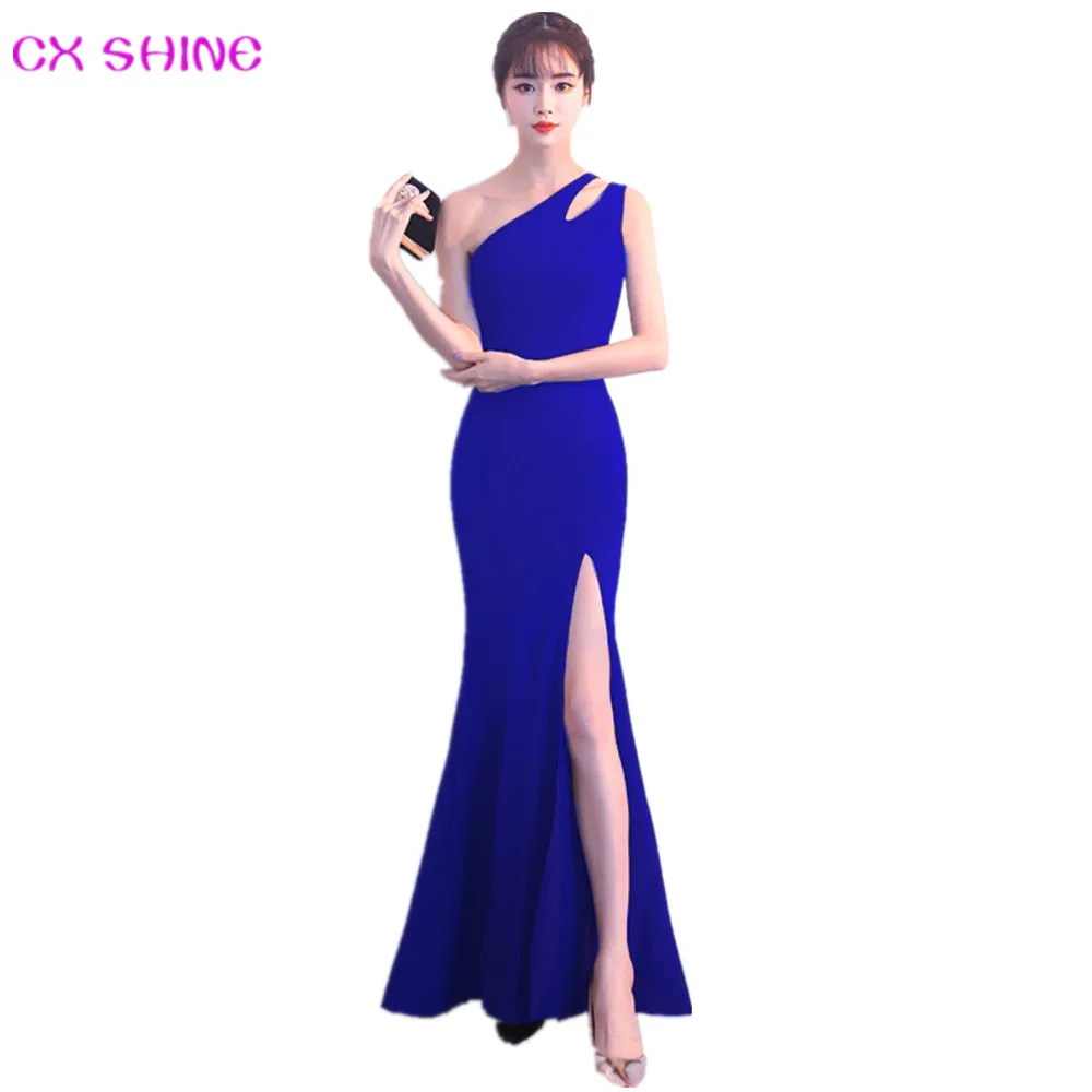 

CX SHINE one shoulder royal blue burgundy mermaid trumpet long bridesmaid dresses robe de soiree long prom party dress Vestidos