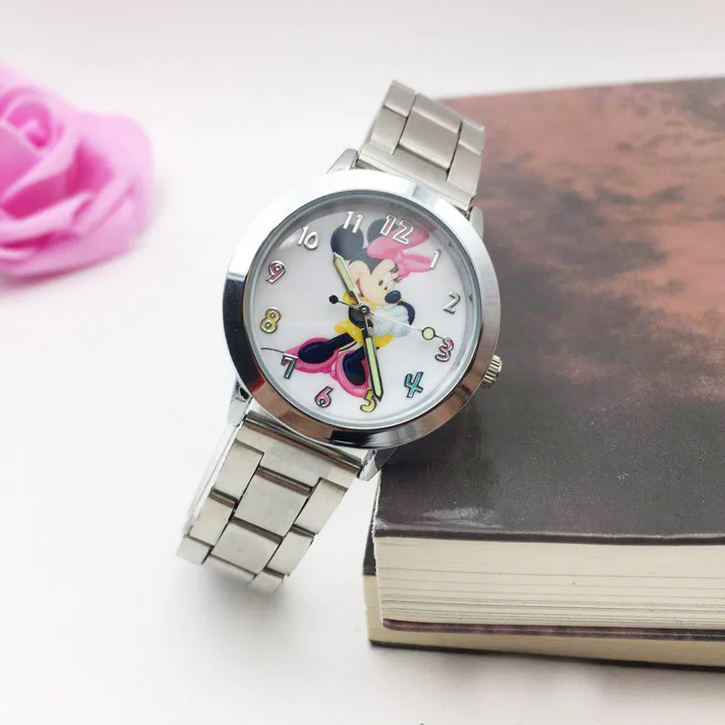 Мультяшные розовые женские часы с бабочкой новые маленькие кварцевые часы из нержавеющей стали с серебряным ремешком женские наручные часы