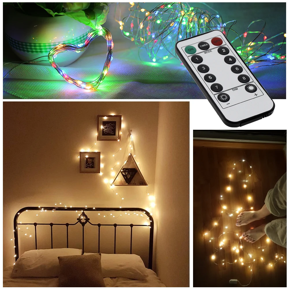 USB LED String Lights Colorful New Year Garland Copper Wire String Fairy Light for Indoor Outdoor Wedding Christmas Decoration