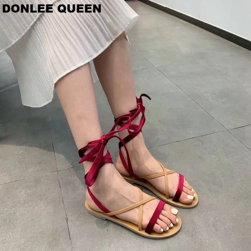 

DONLEE QUEEN Flat Sandals Summer Shoes Women Flip Flops Casual Shoes Ankle Strap Gladiator Sandals Cross-tied Beach Sandal Shoes
