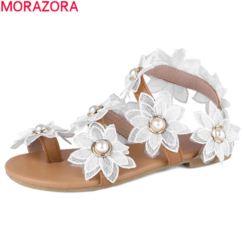 

MORAZORA 2019 newest Bohemian style beach shoes women sandals sweet flower pearl summer shoes comfortable flat shoes big size 43
