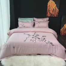 Китайский стиль хлопок розовый шлифовальный набор постельного белья с цветочным принтом простынь с вышивкой пододеяльник наволочка Королева Король 4 шт