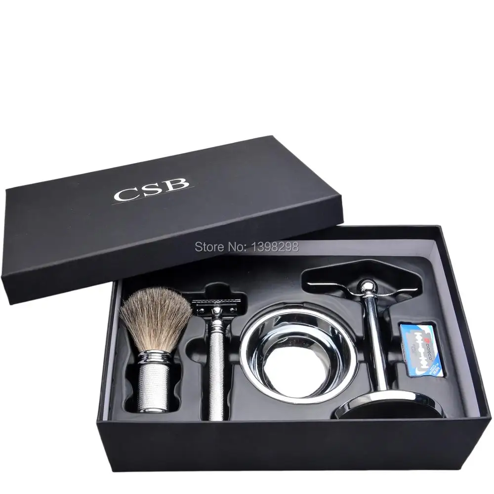 

CSB badger hair shaving brush set with metal handle brush double edge razor blades shaving stand soap bowl gift set