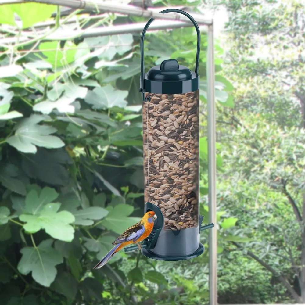 

1pc Outdoor Garden Plastic Transparent Hanging Wild Bird Feeder Seed Container Storage for birds to perch