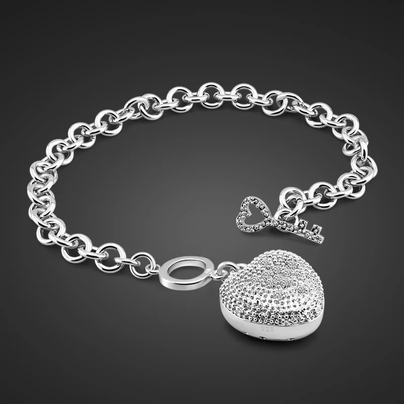 Новые ювелирные изделия для девочек из серебра 925 пробы, браслет с подвеской в виде сердца, цельнолитой серебряный браслет, женский подарок на день рождения, bijoux