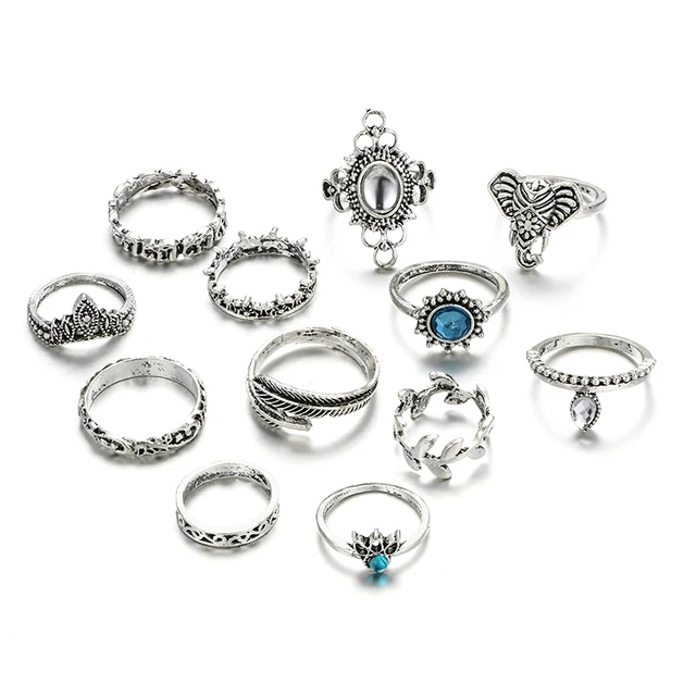 HuaTang Antique Silver Crystal Ring Set Knuckle Wedding Ring Set Geoemtric Elephant Opals Rings Anillos Anel Rings Jewelry 6581