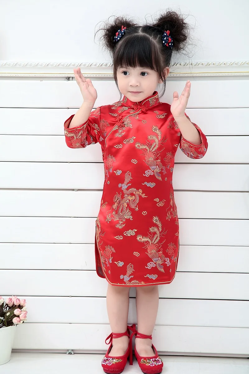 Qipao для маленьких девочек весеннее платье Красный Дракон Cheongsams подарок год для девочек нарядное платье принцессы Одежда высшего качества От 2 до 12 лет