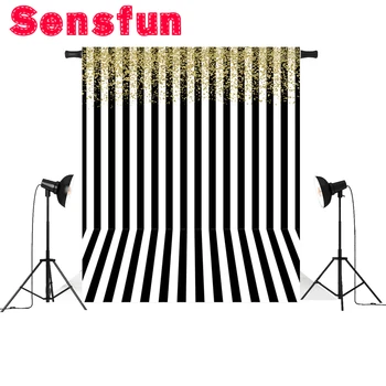 

Vinyl Black and White Striped Photo Backdrop Gold Bokeh Birthday Custom Photo Studio Backdrop Background 7x5ft