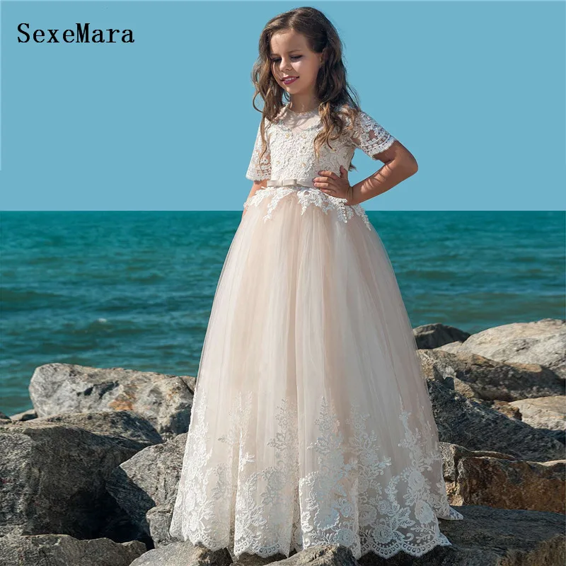 Beige A-lijn Bloem Meisje Jurken Voor Bruiloften met Mouwen Kids Prom Jassen Eerste Communie Jurken Custom Made Maat Beige A-lijn Bloem Meisje Jurken Voor Bruiloften met Mouwen Kids Prom Jassen Eerste Communie Jurken Custom Made Maat