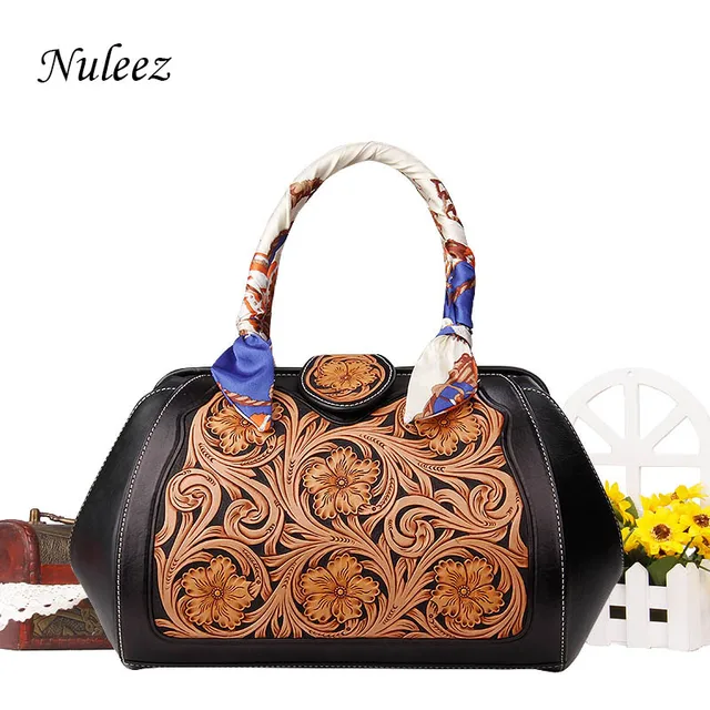 Nuleez genuine cowhide tote-bag women big capacity Chinese national style Hand carved leather colorful painting bag 2018