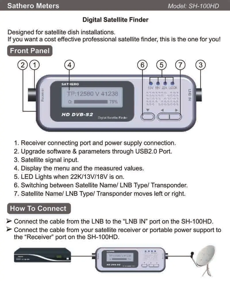 [Подлинный] Sathero SH-100HD DVB-S DVB-S2 карманный цифровой сигнальный спутник finder ЖК-дисплей Экран Поддержка QPSK 8PSK спутник метр SH100