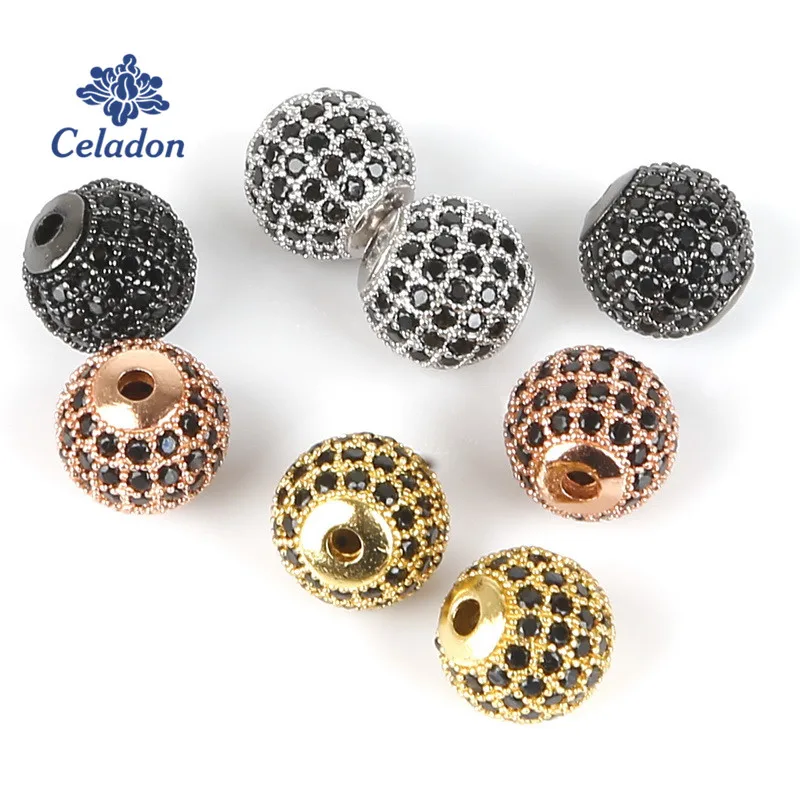 2pcs/lot 10*10mm Copper Spacer Beads Zircon Inaly Round Metal Beads For