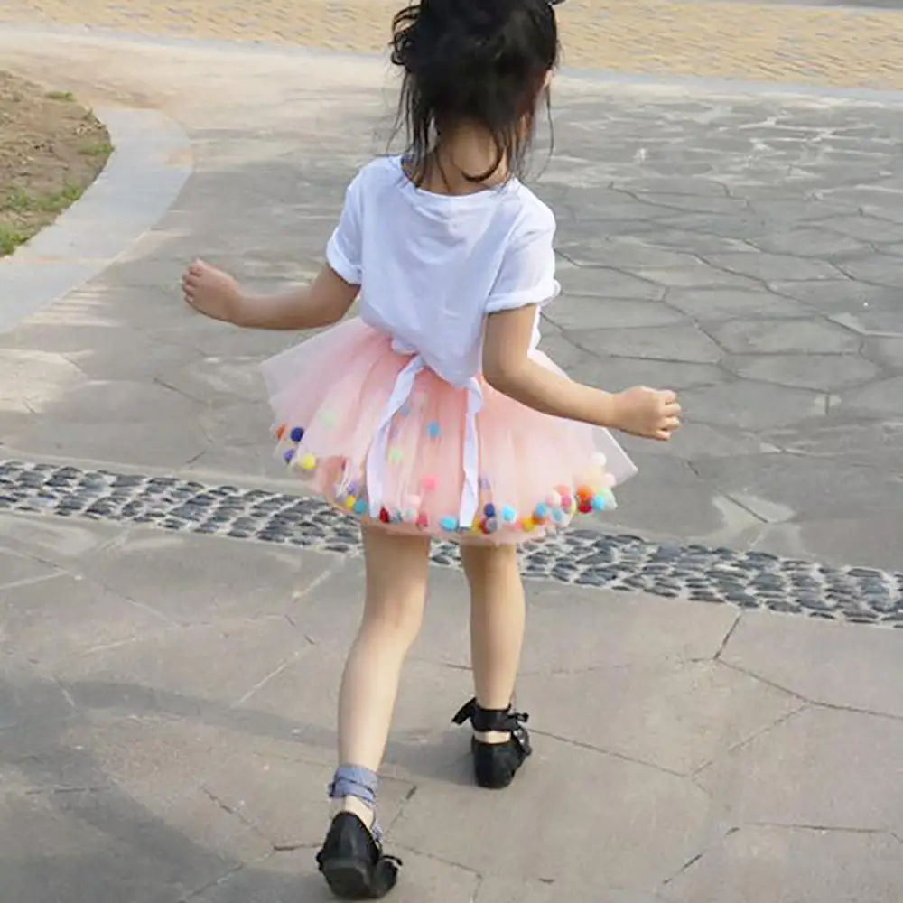 2018 Summer Baby Multilayer Tulle Tutu Skirt Colorful Pom Pom Princess Mini
