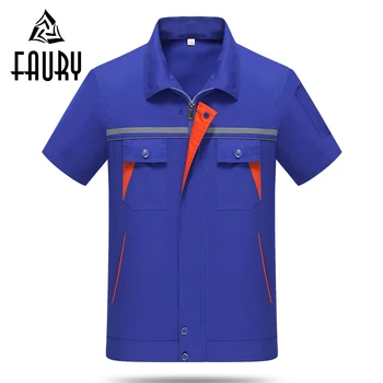 

Men Short Sleeve Mesh Patchwork Workshop Clothing Breathable Workwear Uniforms Car Repair Shop Engineering Jacket Long Pants Set