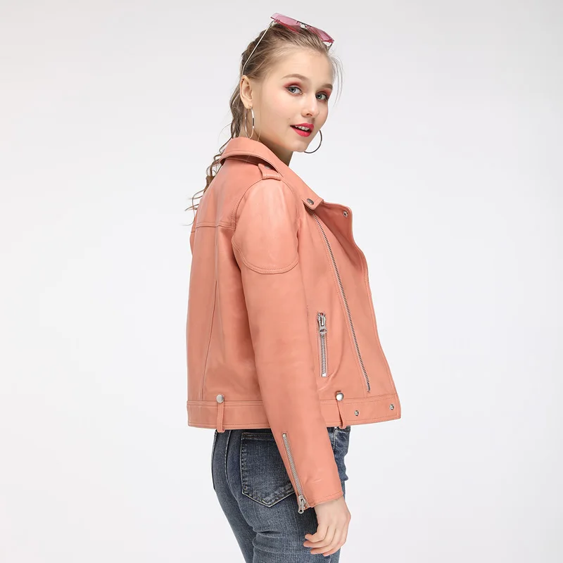 Maylofuer2019 Fashion Women Spring Autumn Pink Genuine Leather Jackets Zipper Basic Coat Turn-down Collar Biker Jacket With Blet