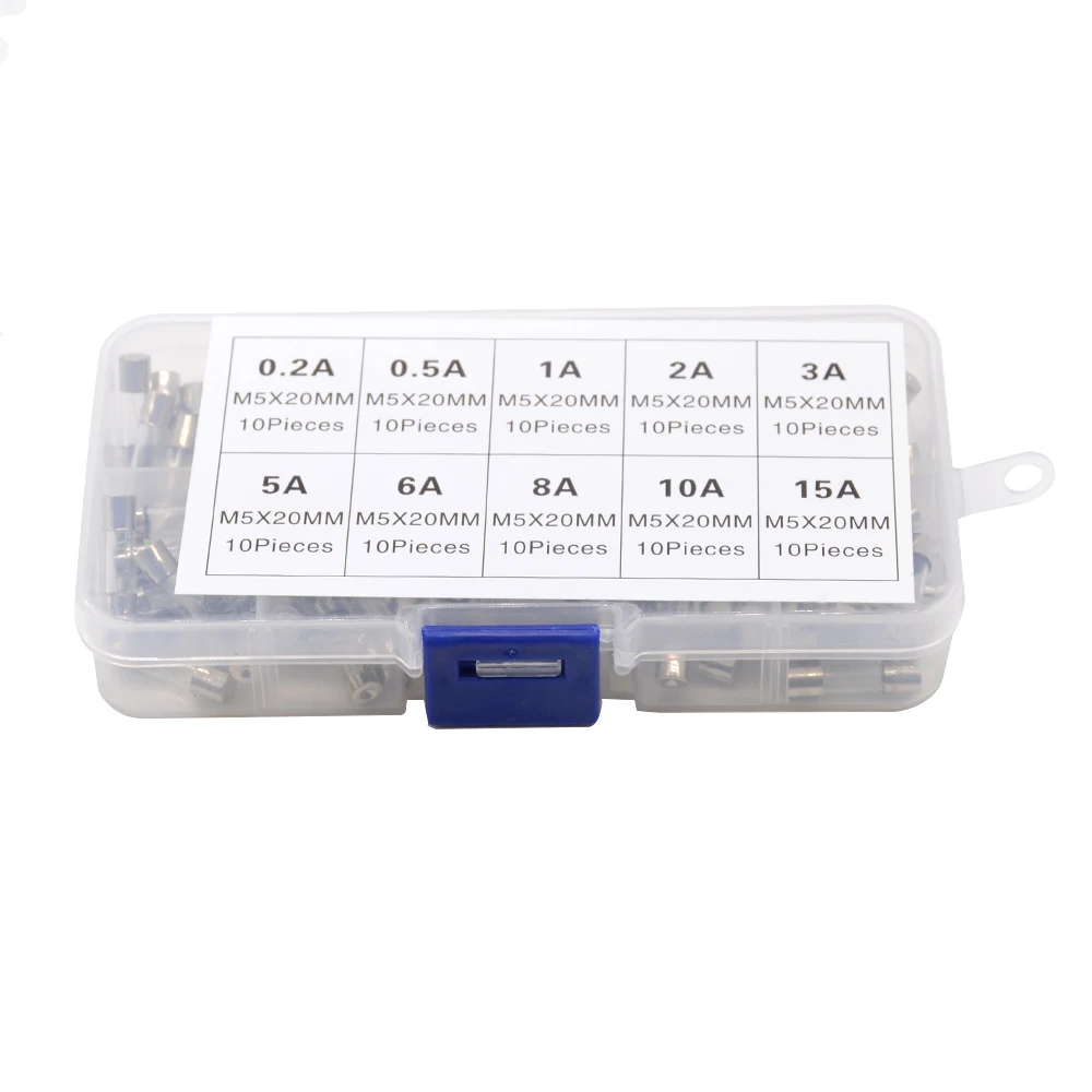 100Pcs 5*20 5x20 mm Auto Glass Tube Fuse Assorted Kit 0.2A 0.5A 1A 2A 3A 5A 6A 8A 10A 15A Car Fuses Kit Tube Fuses Glass Fuse Kit