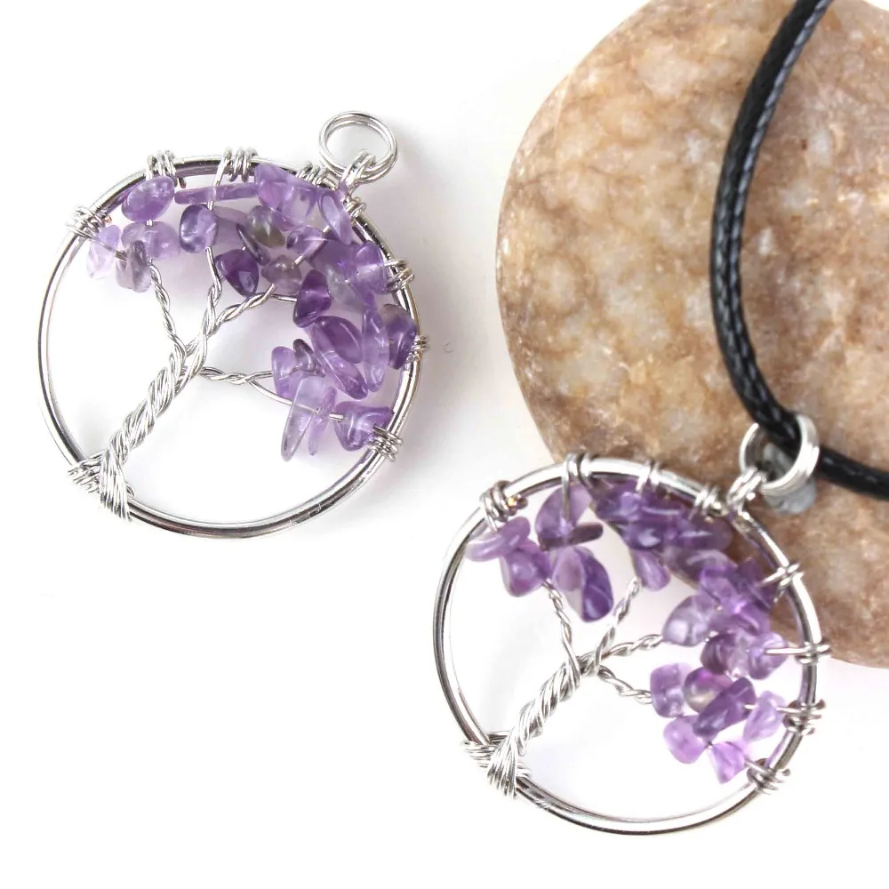 Natural Gnergy Gemstone~ Silver Plated Wire Wrapped Tree Of Life Healing Crystal Quartz Purple Amethysts Round Chakra Reiki Stone Pendant Necklace 4 AA00409005901c