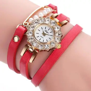 

Duoya Women Luxury Five Pieces Peal Dress Watches Lady Gold Bracelet Watch Female Blue Red Pink Leather Quartz Watchwrist saat