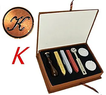 

Vintage Letter K Alphabet Initial K Engraved Wedding Invitation Gift Box Wax Seal Stamp Sticks Melting Spoon Set