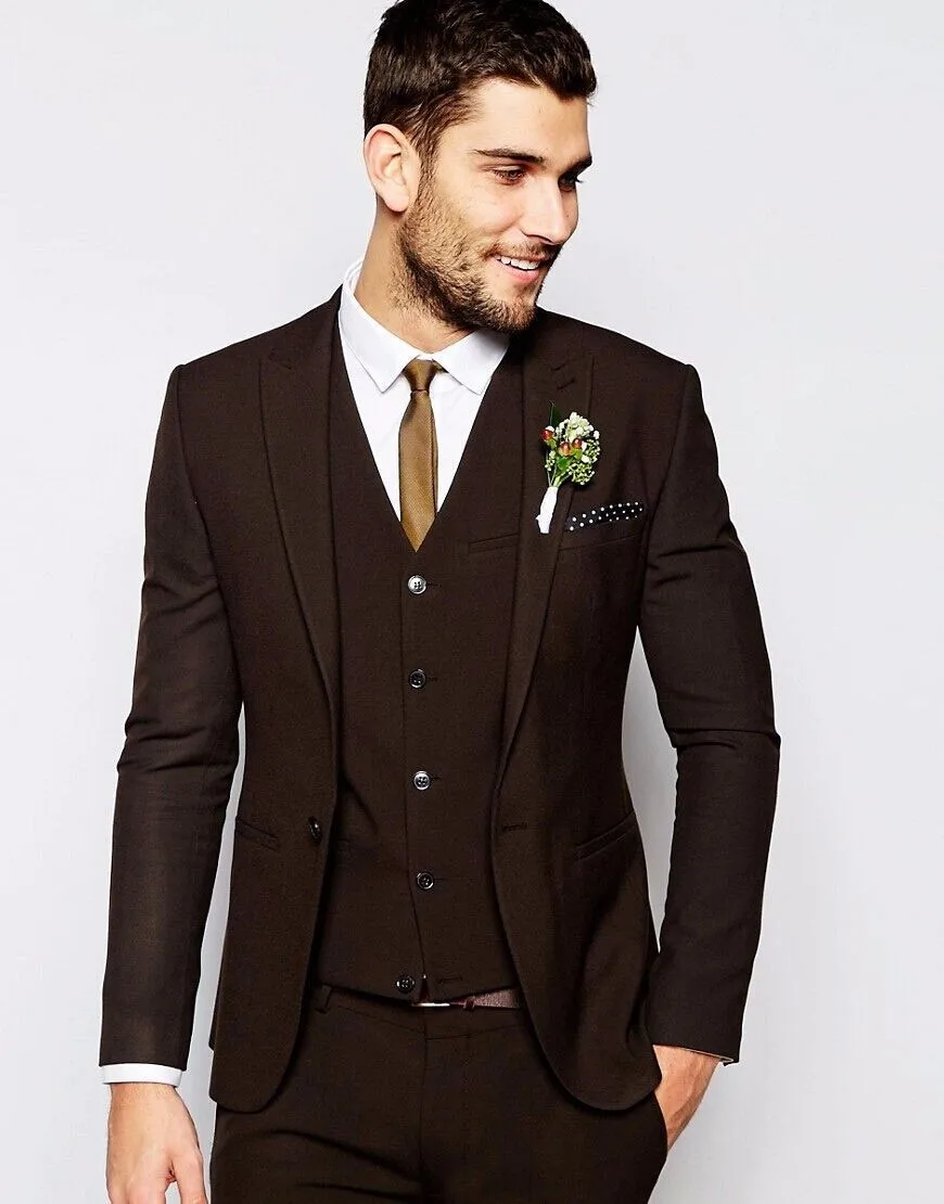 Fashionable Brown Groom Tuxedos Groomsmen Mens Wedding Suits Prom Bridegroom (Jacket+Pants+Vest+Tie)
