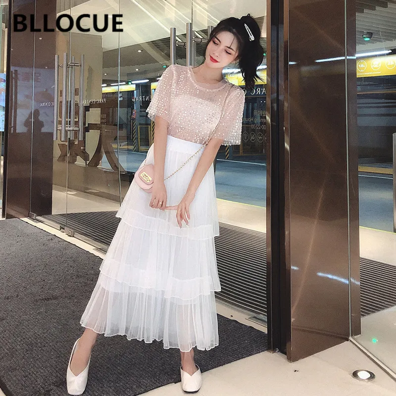 

BLLOCUE New Fashion Two-Piece Female Summer Round Neck Mesh Sequined Top + Elastic Cake Mesh Skirt Cute Two-Piece Suit