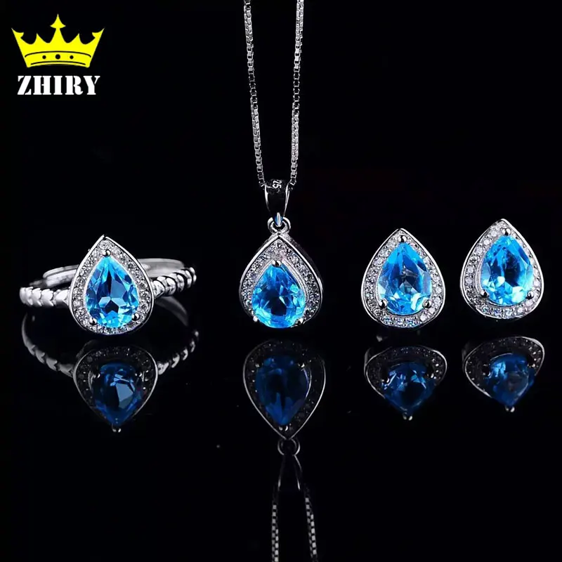 

ZHHIRY Natural Blue Topaz Jewelry Sets Genuine Solid 925 Sterling Silver Women Gemstone Ring And Necklace Pendant Earrings