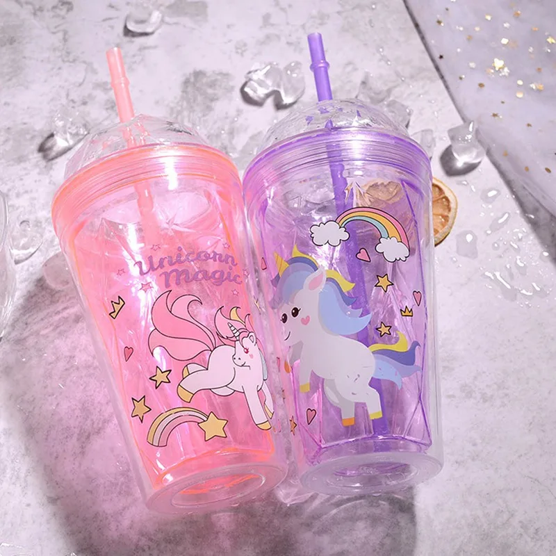 

500-600ml Rainbow Unicorn Mugs Plastic Double Layer Water Bottle With Straw Pink Travel Portable Juice Coffee Milk Cup Drinkware