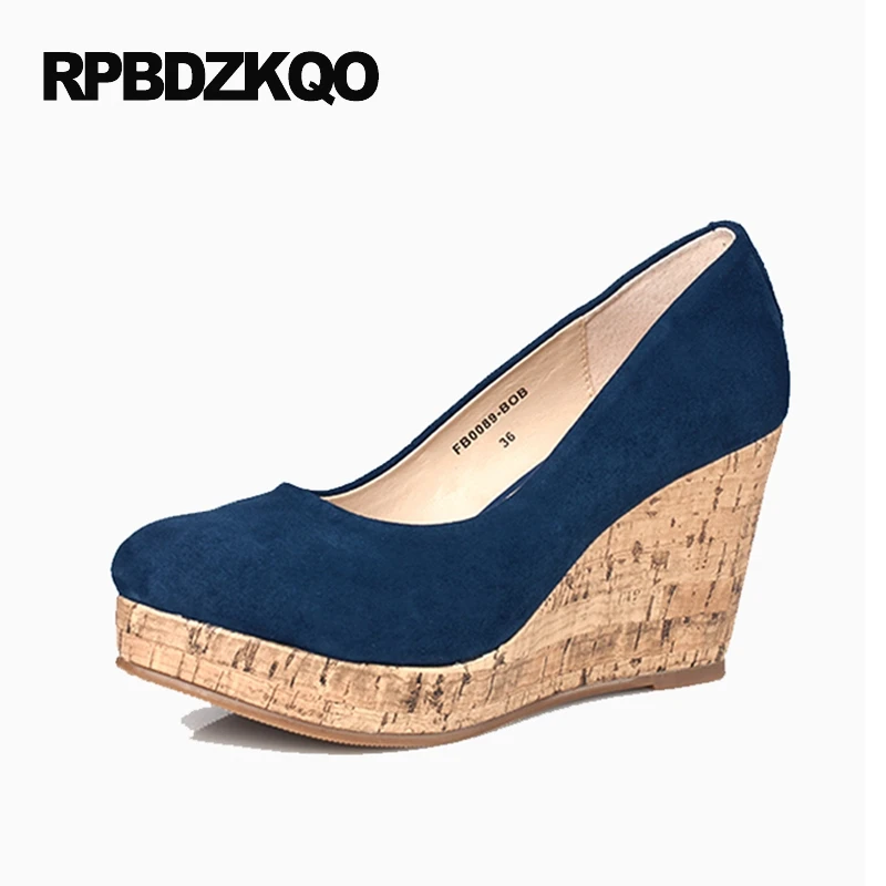 Женщина Плюс размер Платформа Настоящая кожа насосы высшее качество высокие каблуки Женская обувь марка 4 34 маленький деревянный синий