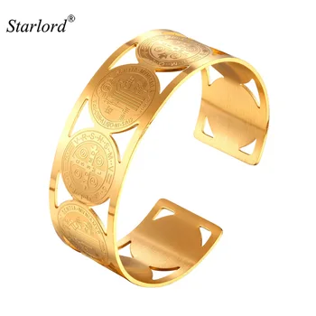 

Starlord Saint Benedict Medal Bangle Stainless Steel/Gold Color Pulseras Mujer Round Cuff Bracelets For Men/Women GH2401