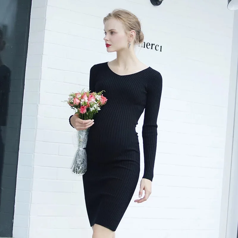 

V neck Knitting Maternity Dress Elegant Slim Sweater Maternity Clothes for Pregnant Women Black Pregnancy Clothing 2018 Autumn