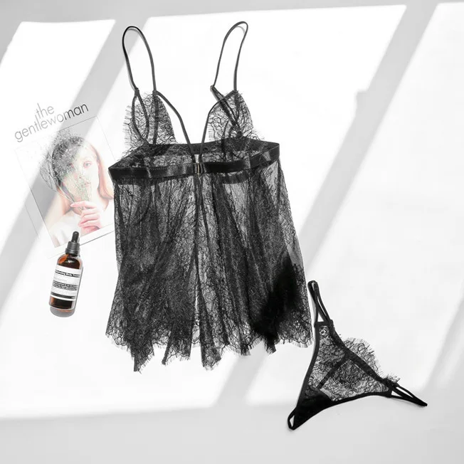 Кружевной сексуальный спагетти ремень женский пеньюар+ G-String набор модная ночная рубашка с вырезом